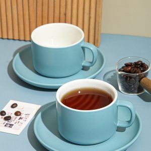 1pc Porcelain Mug & 1pc Coaster, Minimalist Blue Coffee Mug For Table