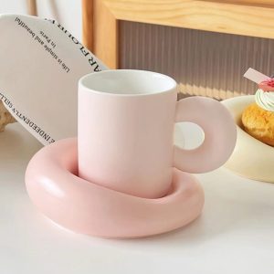 1pc Porcelain Mug & 1pc Plate, Minimalist Pink Work Office Mug & Dinner Plate For Kitchen