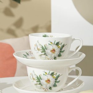 1pc Porcelain Cup & 1pc Dish, Modern Floral Pattern Cup & Dish Set For Dining Table